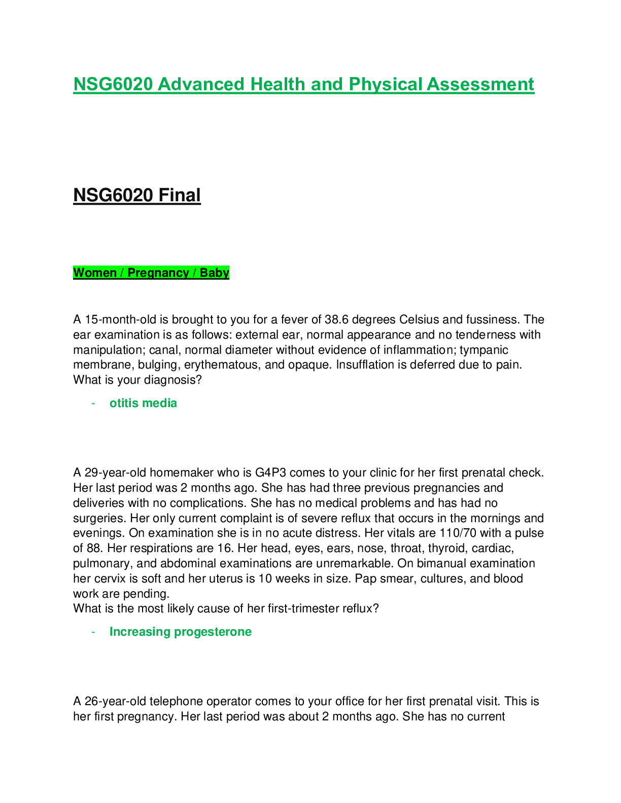 Preview of NSG6020 / NSG 6020 Advanced Health and Physical Assessment Final Exam Latest Update South